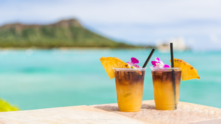 Two tropical drinks with pineapple and flowers on a table by the beach, representing the vibrant appeal of Indonesia's hospitality sector.