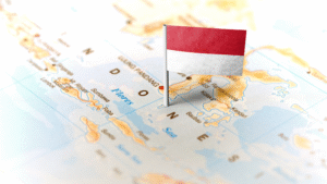 Indonesian flag marking the country on a map, symbolizing the Indonesian citizenship process in Jepara for foreign nationals.