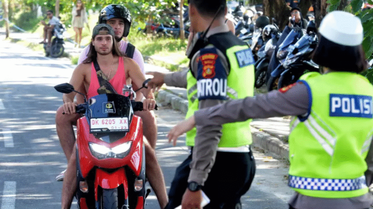 Foreign tourists on a motorbike are stopped by Balinese police officers enforcing Bali rules on traffic and legal driving requirements.
