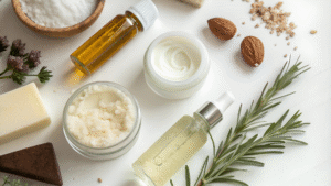Natural skincare products, including oils, creams, a bar of soap, and ingredients like almonds and herbs, laid out on a white surface – one of the prominent trends shaping the skincare business in Indonesia
