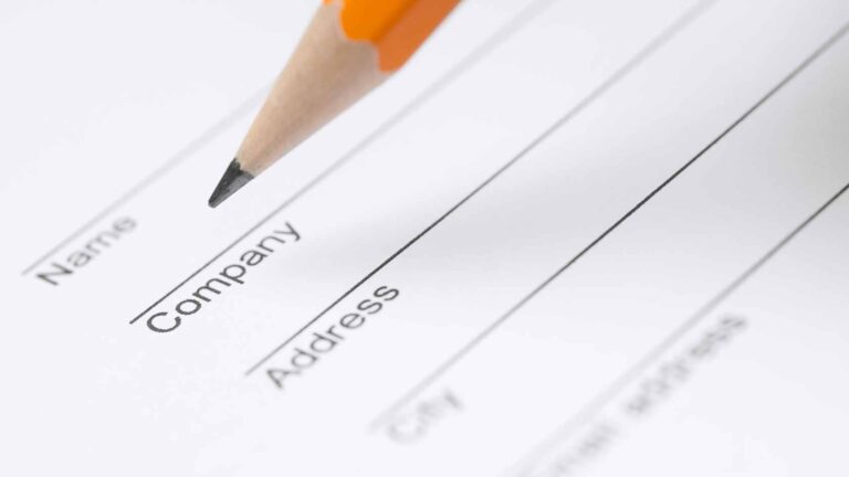 Pencil tip hovering over the "Company" line on a form symbolizing the process of choosing a PT PMA name.