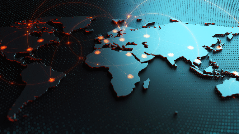 A digital world map showing global business connections and trade routes, symbolizing offshore company in Indonesia.