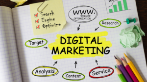 Illustration showing digital marketing planning concepts such as SEO, content, research, and analytics, commonly used by a digital agency in Bali to build online strategies.