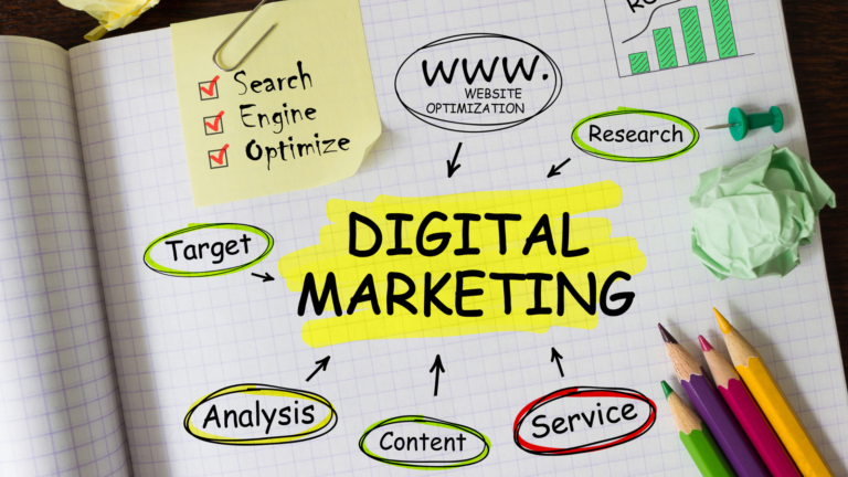 Illustration showing digital marketing planning concepts such as SEO, content, research, and analytics, commonly used by a digital agency in Bali to build online strategies.