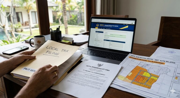 property investors reviewing their legal documents for PT PMA and tax compliance, ensuring alignment with 2026 short-term rental regulations.